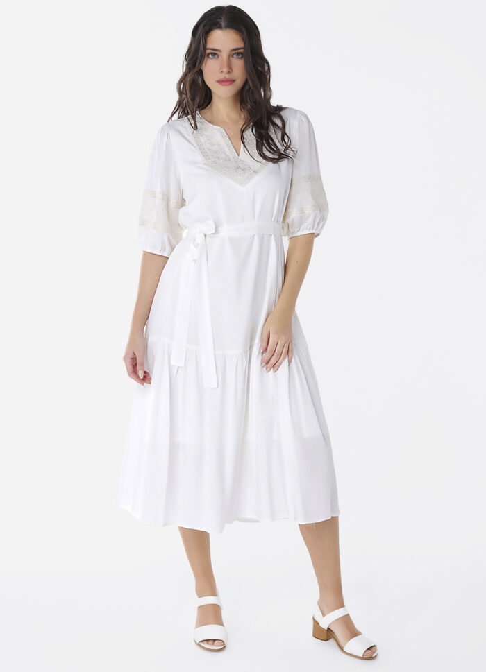 Vestido Branco Midi Bordado Sob com Mangas Forrado - Imagem 2