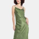 Vestido Midi Cetim Toque de Seda Decote Degagê