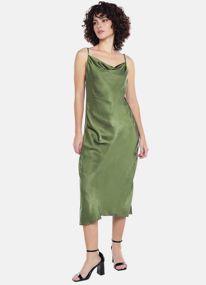 Vestido Midi Cetim Toque de Seda Decote Degagê - Imagem 6