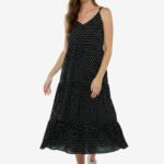 Vestido Longo Preto de Bolinhas Brancas Poá em Viscose