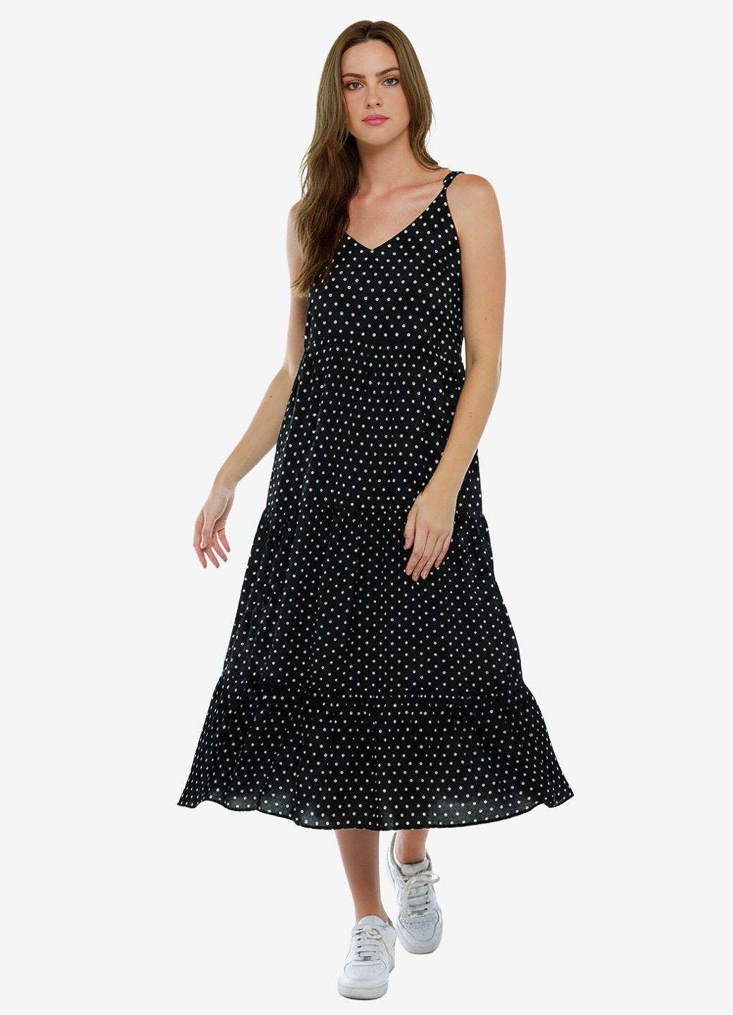 Vestido Longo Preto de Bolinhas Brancas Poá em Viscose