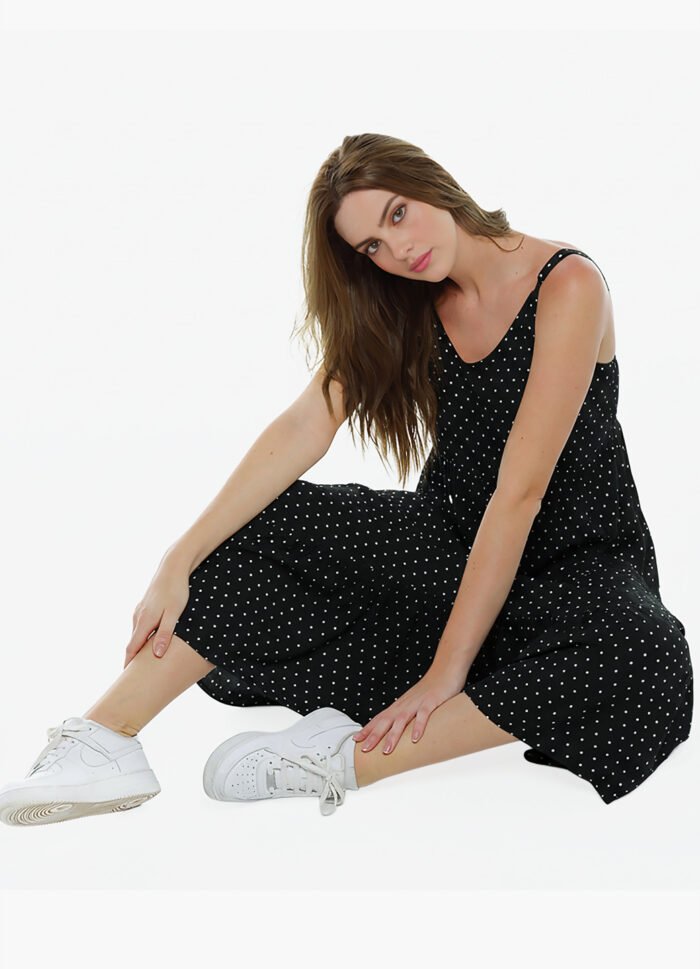 Vestido Longo Preto de Bolinhas Brancas Poá em Viscose - Imagem 2