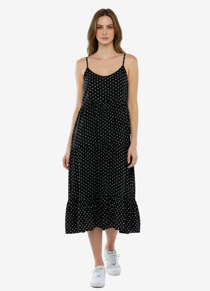 Vestido Longo Preto de Bolinhas Brancas Poá em Viscose - Imagem 6