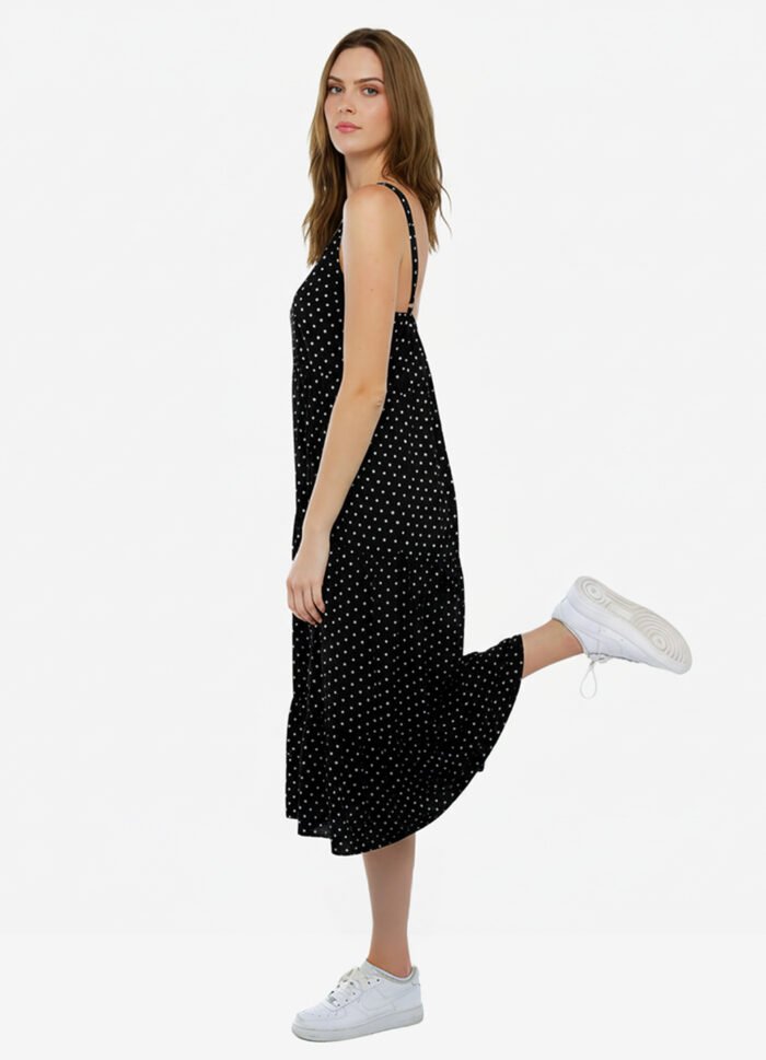 Vestido Longo Preto de Bolinhas Brancas Poá em Viscose - Imagem 5