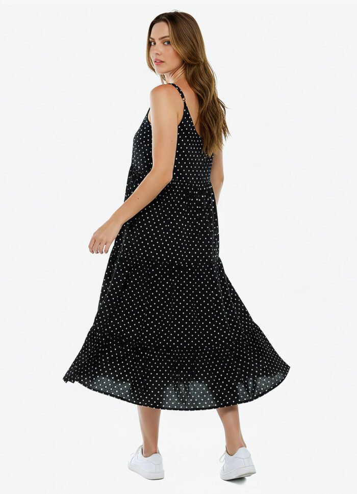 Vestido Longo Preto de Bolinhas Brancas Poá em Viscose - Imagem 4