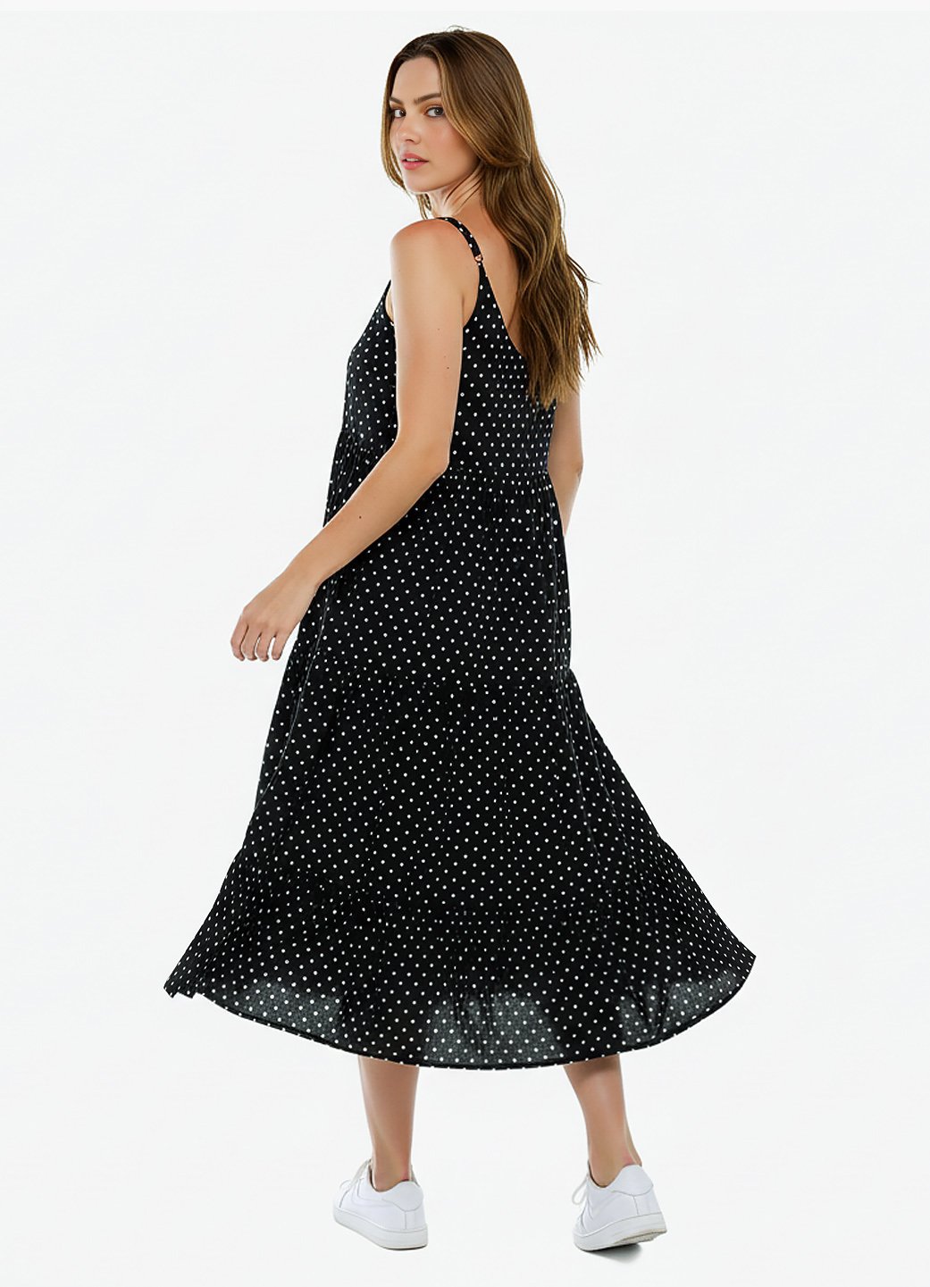 Vestido Longo Preto de Bolinhas Brancas Poá em Viscose - Image 4