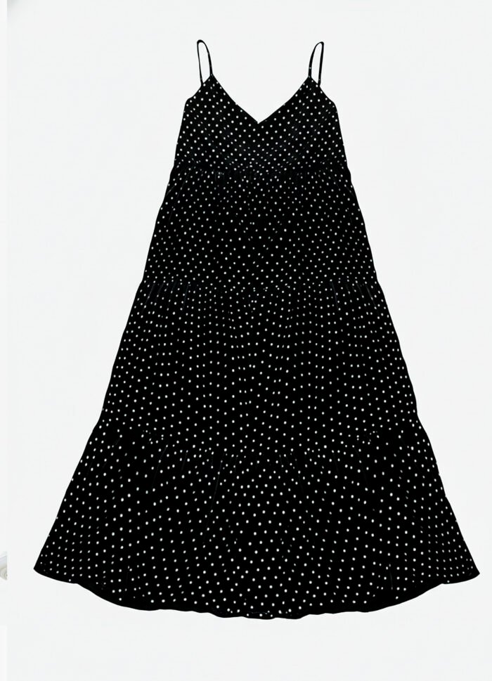 Vestido Longo Preto de Bolinhas Brancas Poá em Viscose - Imagem 3