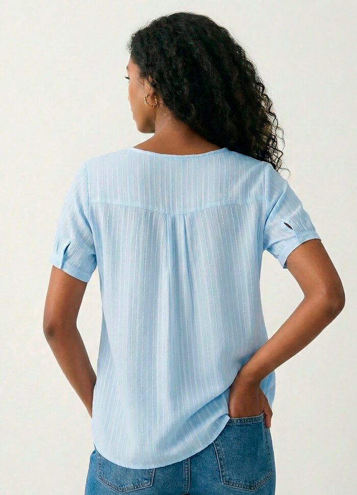 Blusa Azul Claro Manga Curta em Viscose com Linho Sob Pregas - Imagem 5