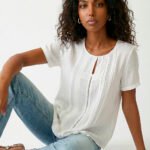 Blusa Branca Manga Curta em Viscose com Linho Sob Pregas