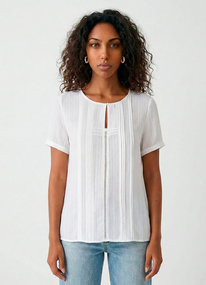 Blusa Branca Manga Curta em Viscose com Linho Sob Pregas - Imagem 4
