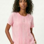 Blusa Rosa Claro Manga Curta em Viscose com Linho Sob Pregas
