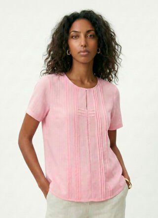 Blusa Rosa Claro Manga Curta em Viscose com Linho Sob Pregas