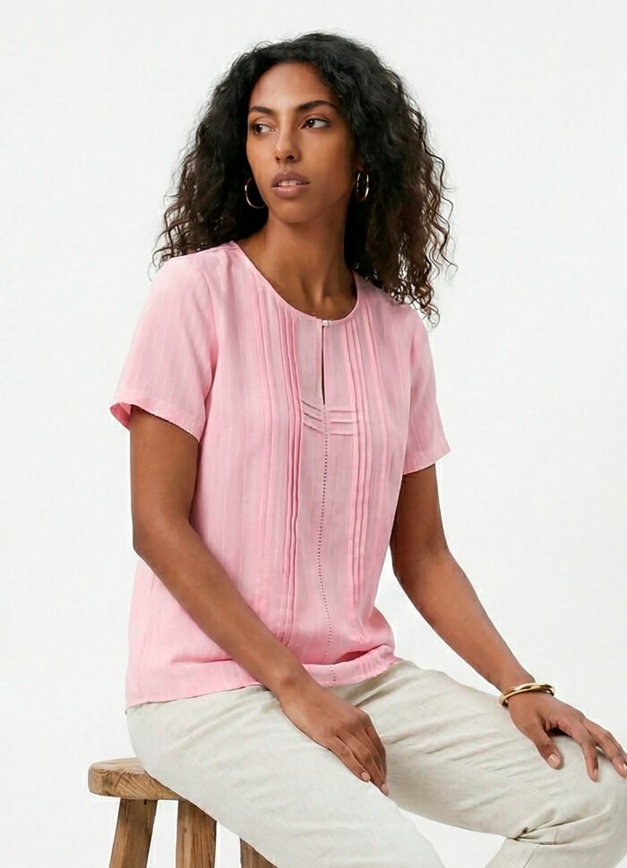 Blusa Rosa Claro Manga Curta em Viscose com Linho Sob Pregas - Imagem 2