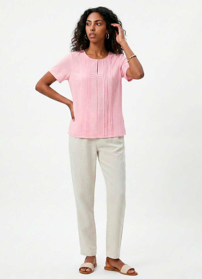 Blusa Rosa Claro Manga Curta em Viscose com Linho Sob Pregas - Imagem 3