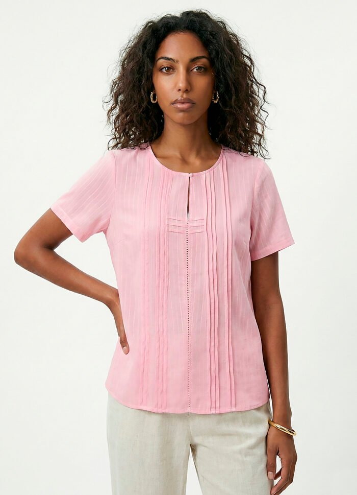 Blusa Rosa Claro Manga Curta em Viscose com Linho Sob Pregas - Imagem 5