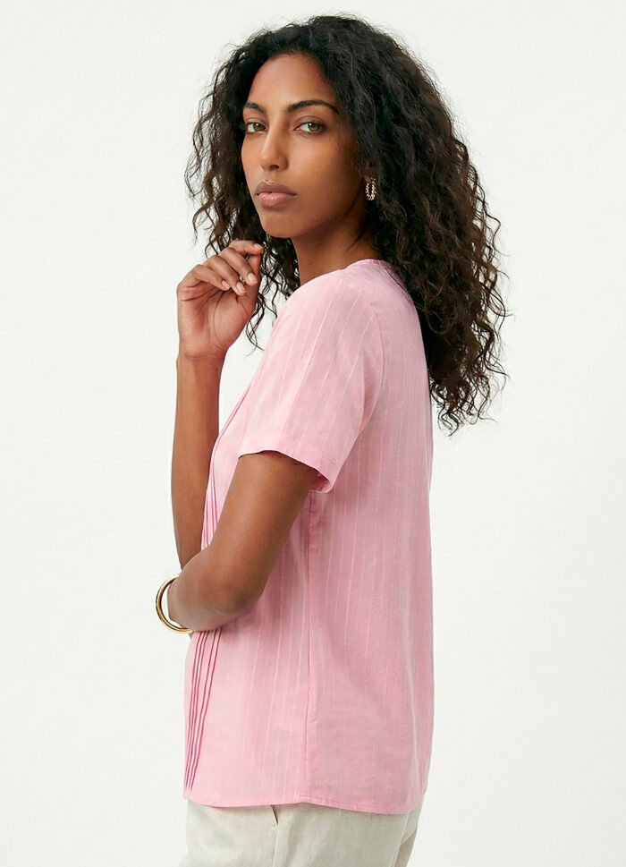 Blusa Rosa Claro Manga Curta em Viscose com Linho Sob Pregas - Imagem 4