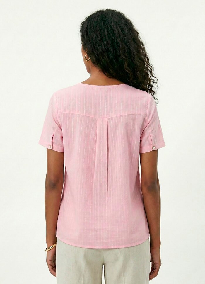 Blusa Rosa Claro Manga Curta em Viscose com Linho Sob Pregas - Imagem 6