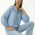 Blusa Azul Clara Bordada  Manga 3/4 Viscose Sob