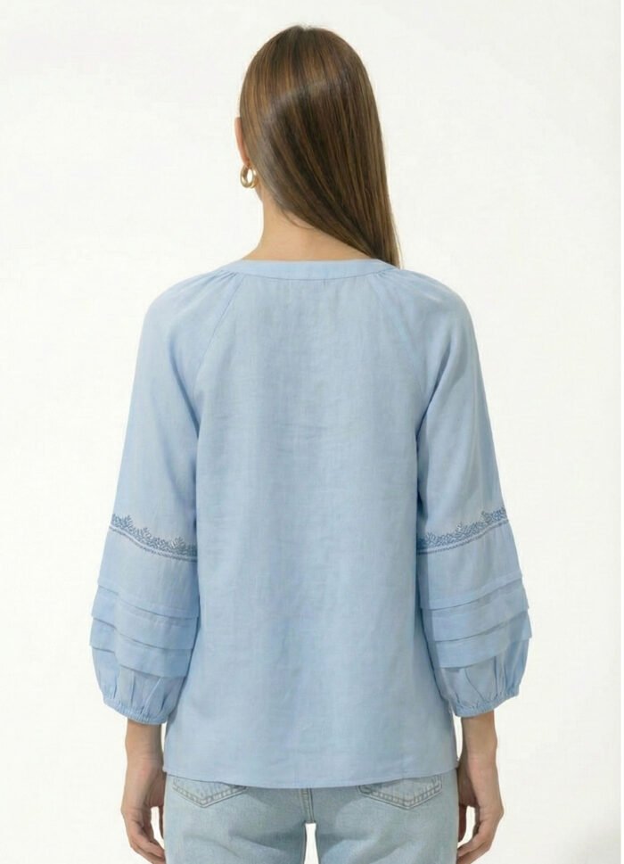 Blusa Azul Clara Bordada  Manga 3/4 Viscose Sob - Imagem 4