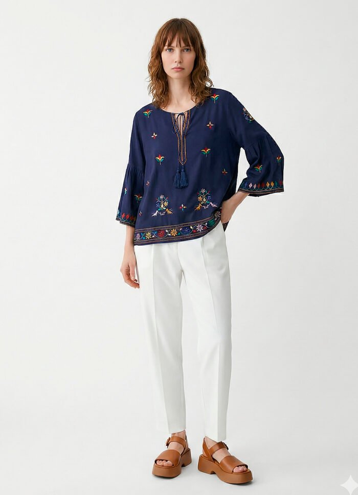 Blusa Marinho em Viscose Manga 3/4 Sob Bordada Colorida - Imagem 6