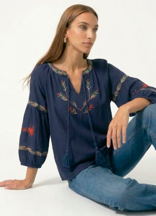 Blusa Marinho Bordada Boho Sob em Viscose Manga 3/4