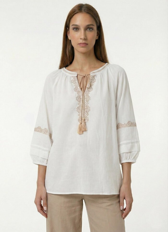 Blusa Branca e Bege Bordada  Manga 3/4 Viscose Sob - Imagem 4