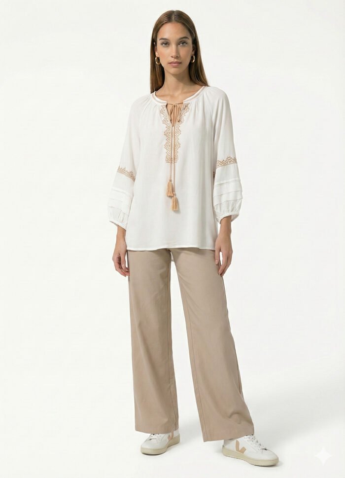 Blusa Branca e Bege Bordada  Manga 3/4 Viscose Sob - Imagem 5