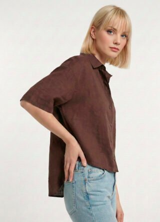 Camisa Feminina Manga Curta Marrom Café Texturada Sob