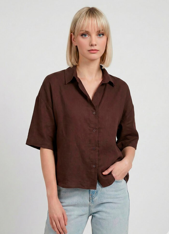 Camisa Feminina Manga Curta Marrom Café Texturada Sob - Imagem 6
