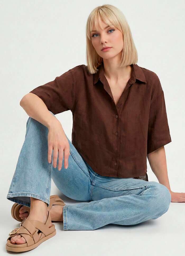 Camisa Feminina Manga Curta Marrom Café Texturada Sob - Imagem 5