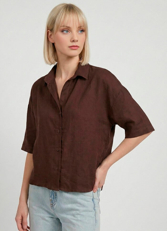 Camisa Feminina Manga Curta Marrom Café Texturada Sob - Imagem 4