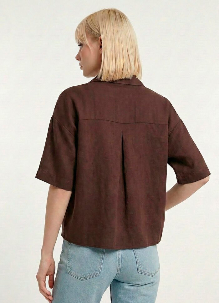 Camisa Feminina Manga Curta Marrom Café Texturada Sob - Imagem 3