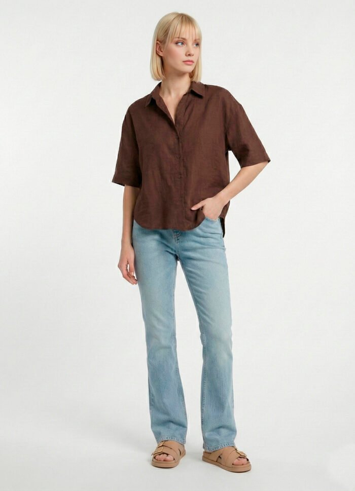 Camisa Feminina Manga Curta Marrom Café Texturada Sob - Imagem 2