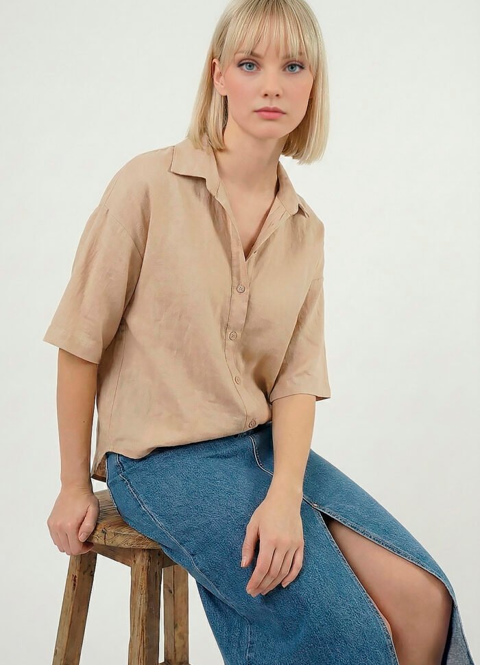 Camisa Feminina Manga Curta Bege Mocca Texturada Sob - Imagem 6