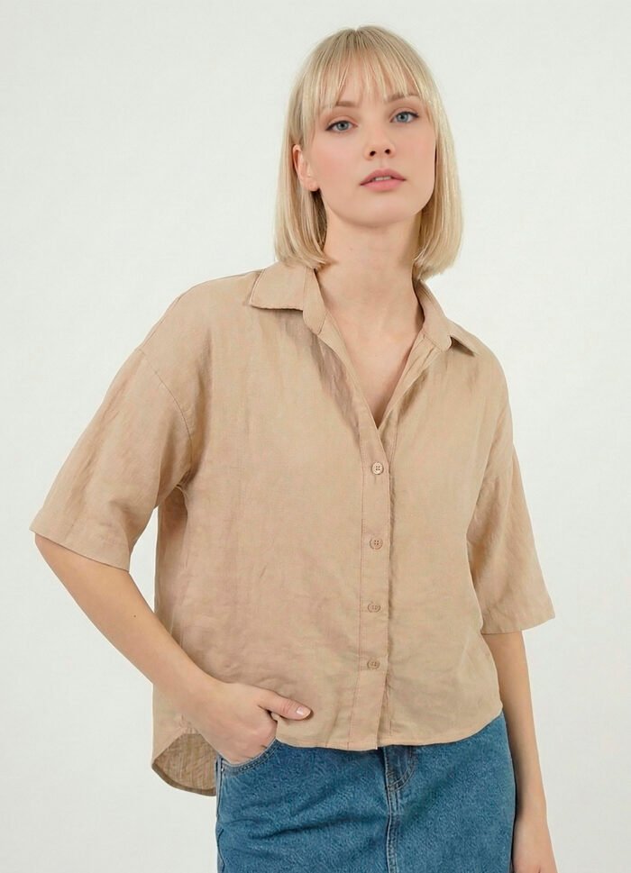 Camisa Feminina Manga Curta Bege Mocca Texturada Sob - Imagem 5