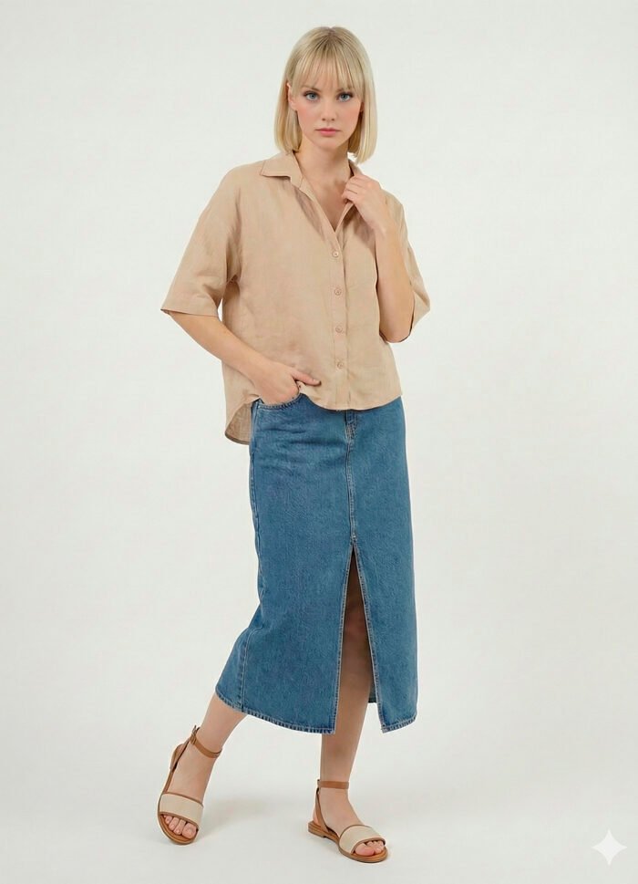 Camisa Feminina Manga Curta Bege Mocca Texturada Sob - Imagem 3