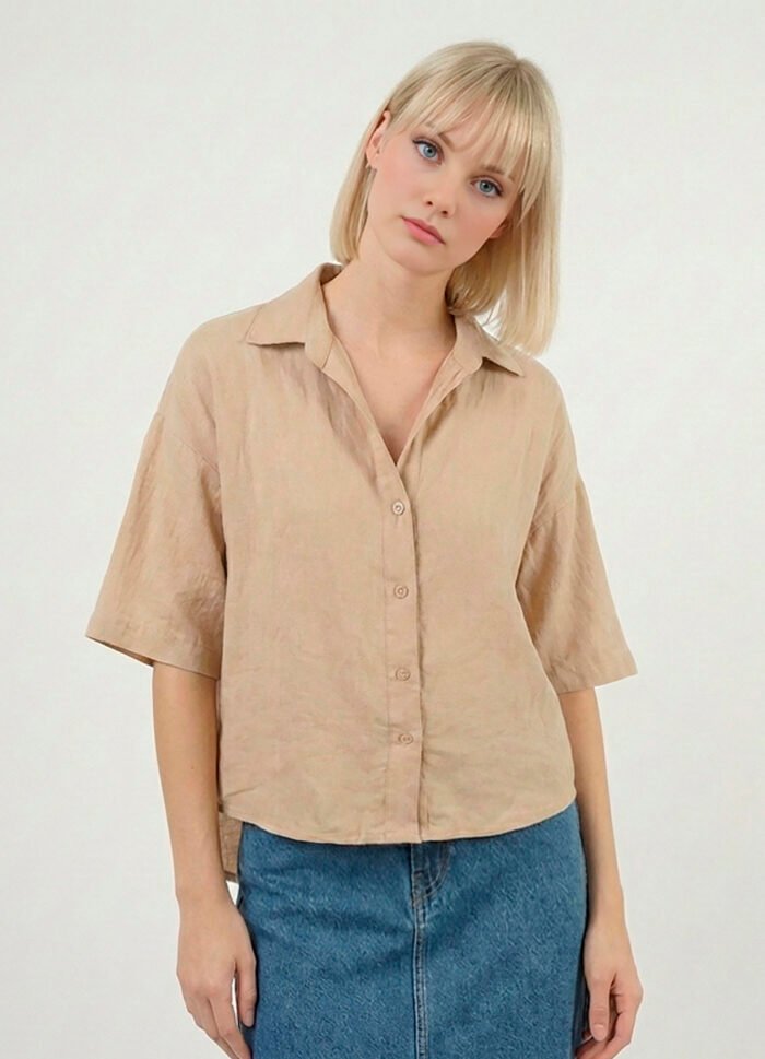 Camisa Feminina Manga Curta Bege Mocca Texturada Sob - Imagem 2