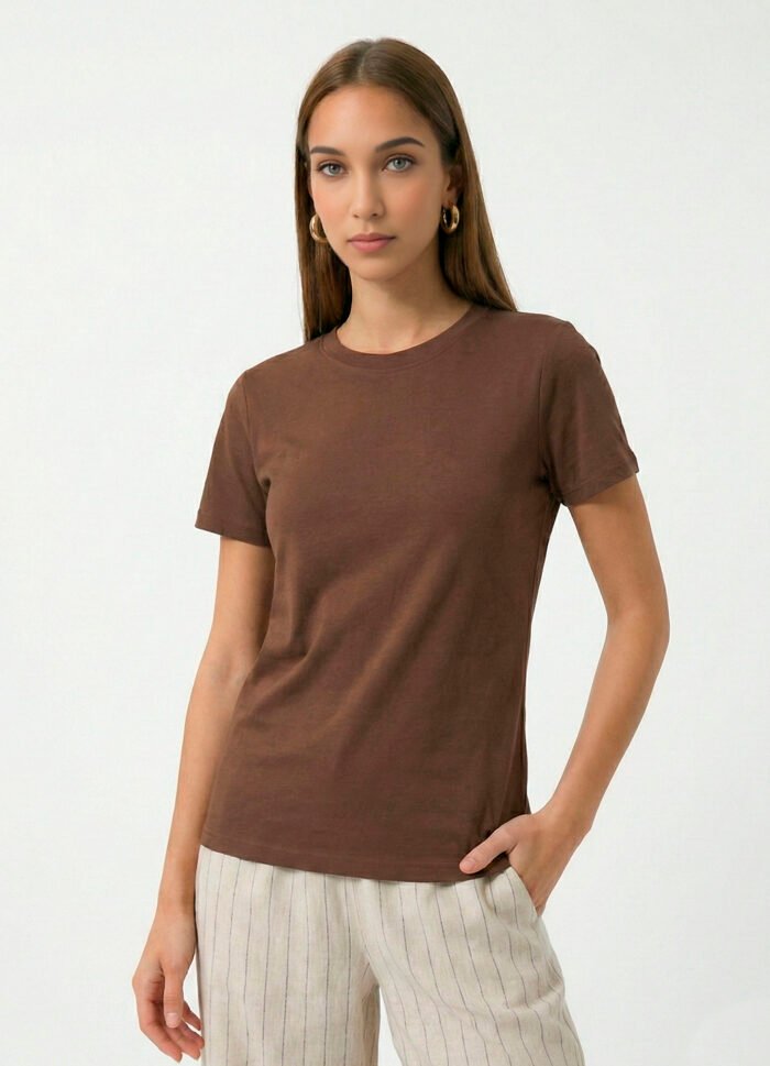 Blusa Marrom Algodão Premium Toque Fresco Sob Manga Curta - Imagem 2