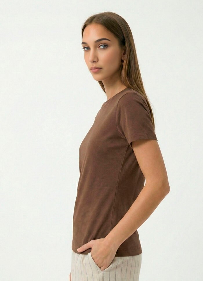 Blusa Marrom Algodão Premium Toque Fresco Sob Manga Curta - Imagem 4
