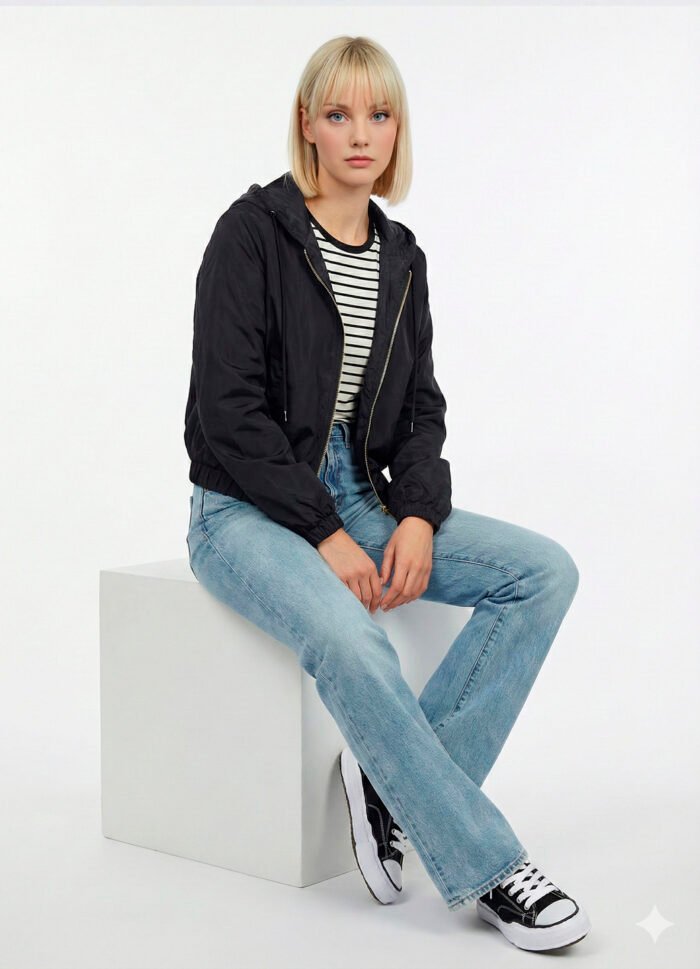 Jaqueta Preta Forrada com Capuz e Bolsos Sob Bomber - Imagem 5