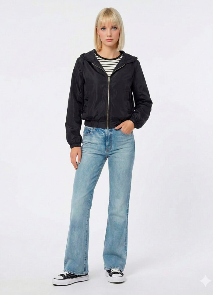 Jaqueta Preta Forrada com Capuz e Bolsos Sob Bomber - Imagem 4