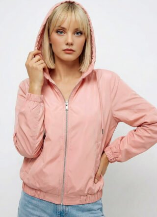 Jaqueta Rosa Forrada com Capuz e Bolsos Sob Bomber