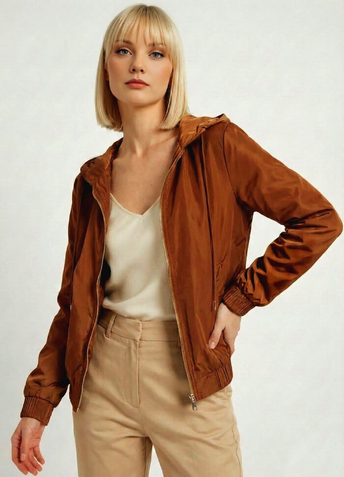 Jaqueta Marrom Forrada com Capuz e Bolsos Sob Bomber - Imagem 2