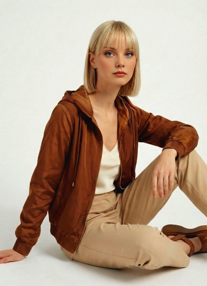 Jaqueta Marrom Forrada com Capuz e Bolsos Sob Bomber - Imagem 3