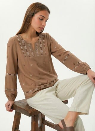 Blusa Marrom Claro Boho Bordada em Café e Bege Viscose Sob