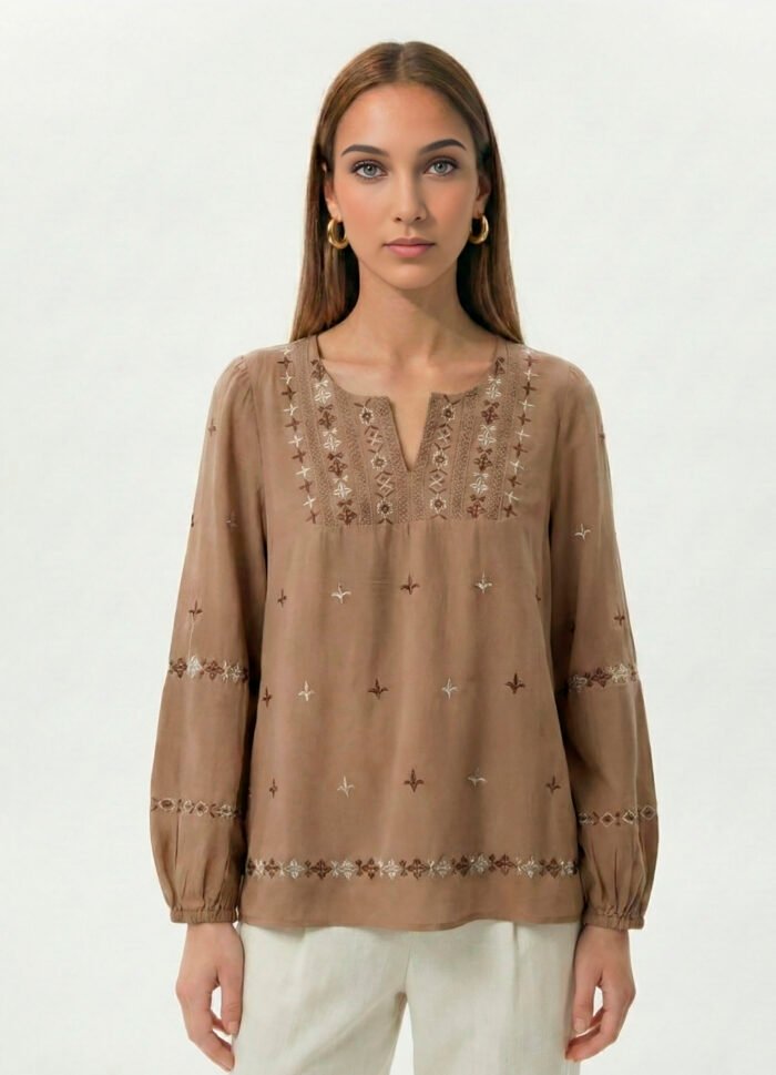 Blusa Marrom Claro Boho Bordada em Café e Bege Viscose Sob - Imagem 5