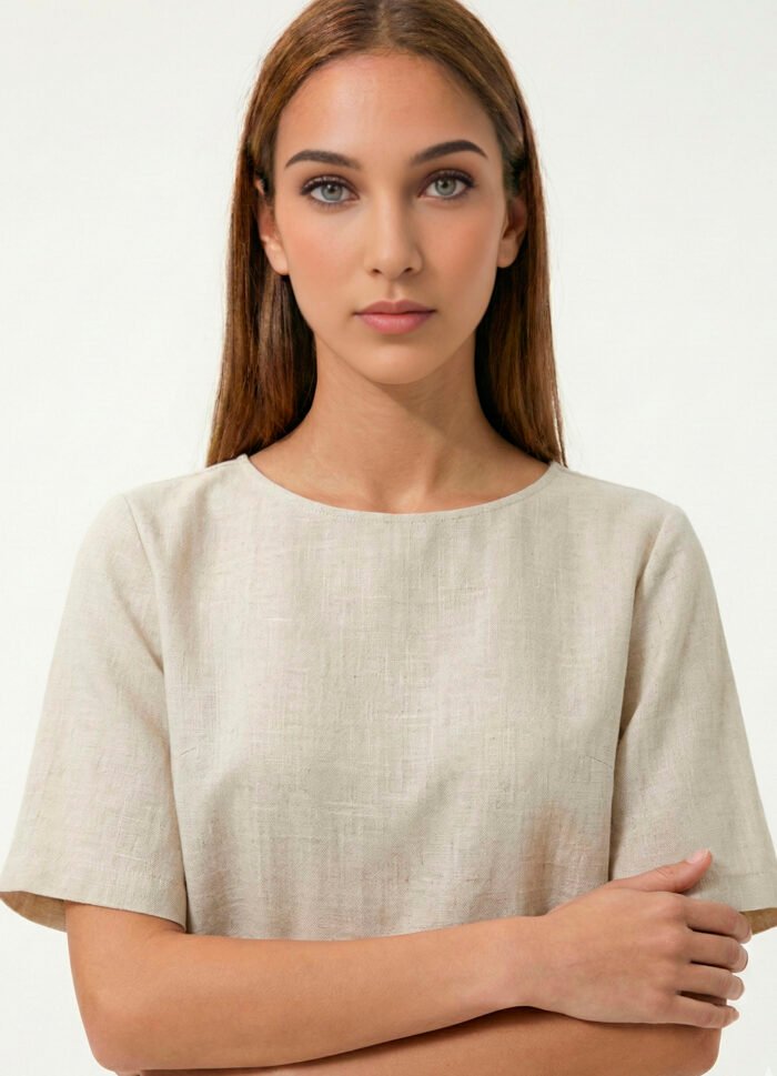 Blusa Bege Decote Canoa Manga Curta Viscose com Linho Sob - Imagem 6