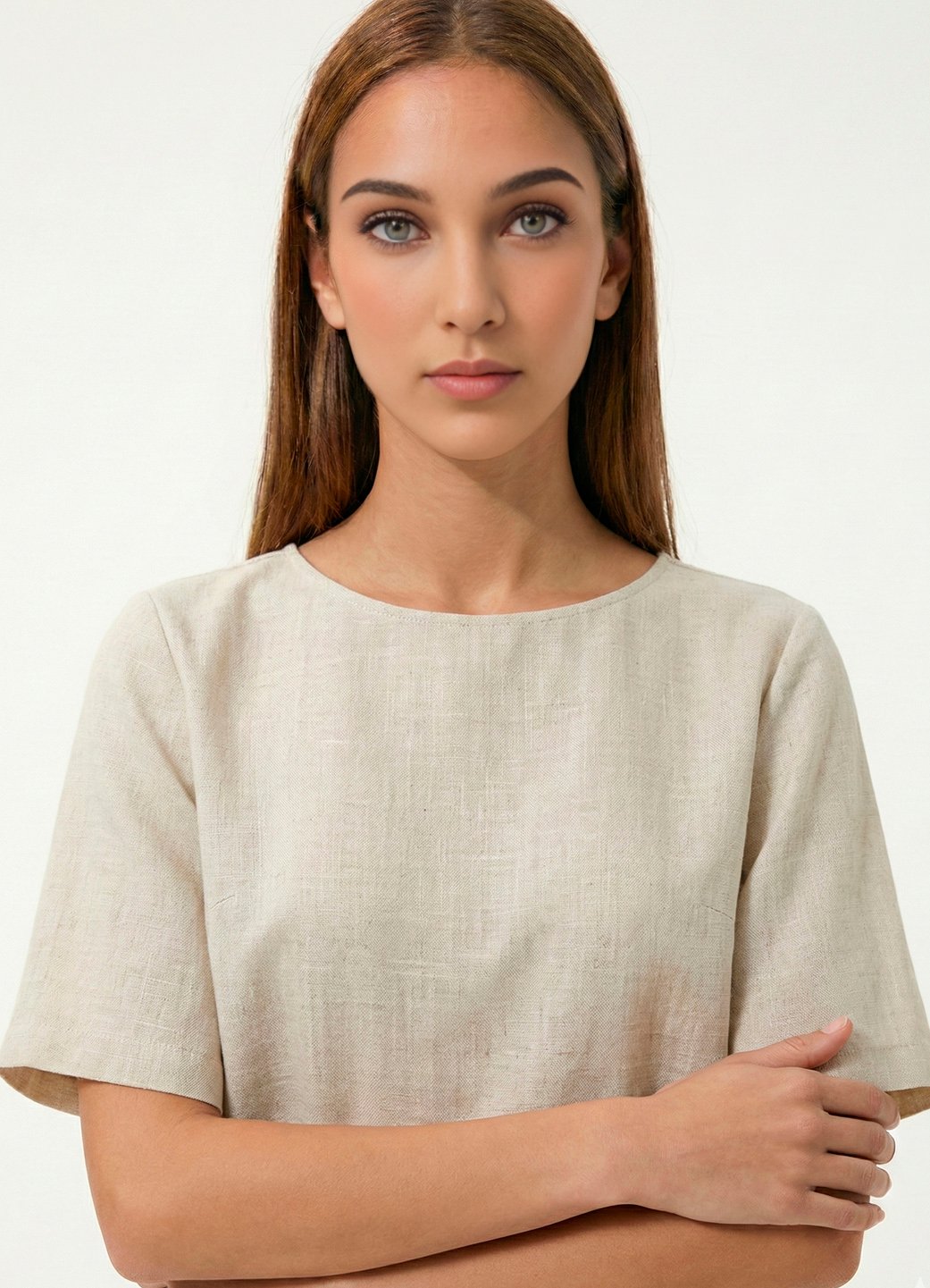 Blusa Bege Decote Canoa Manga Curta Viscose com Linho Sob - Image 6