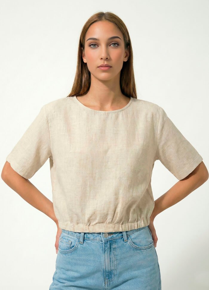 Blusa Bege Decote Canoa Manga Curta Viscose com Linho Sob - Imagem 5