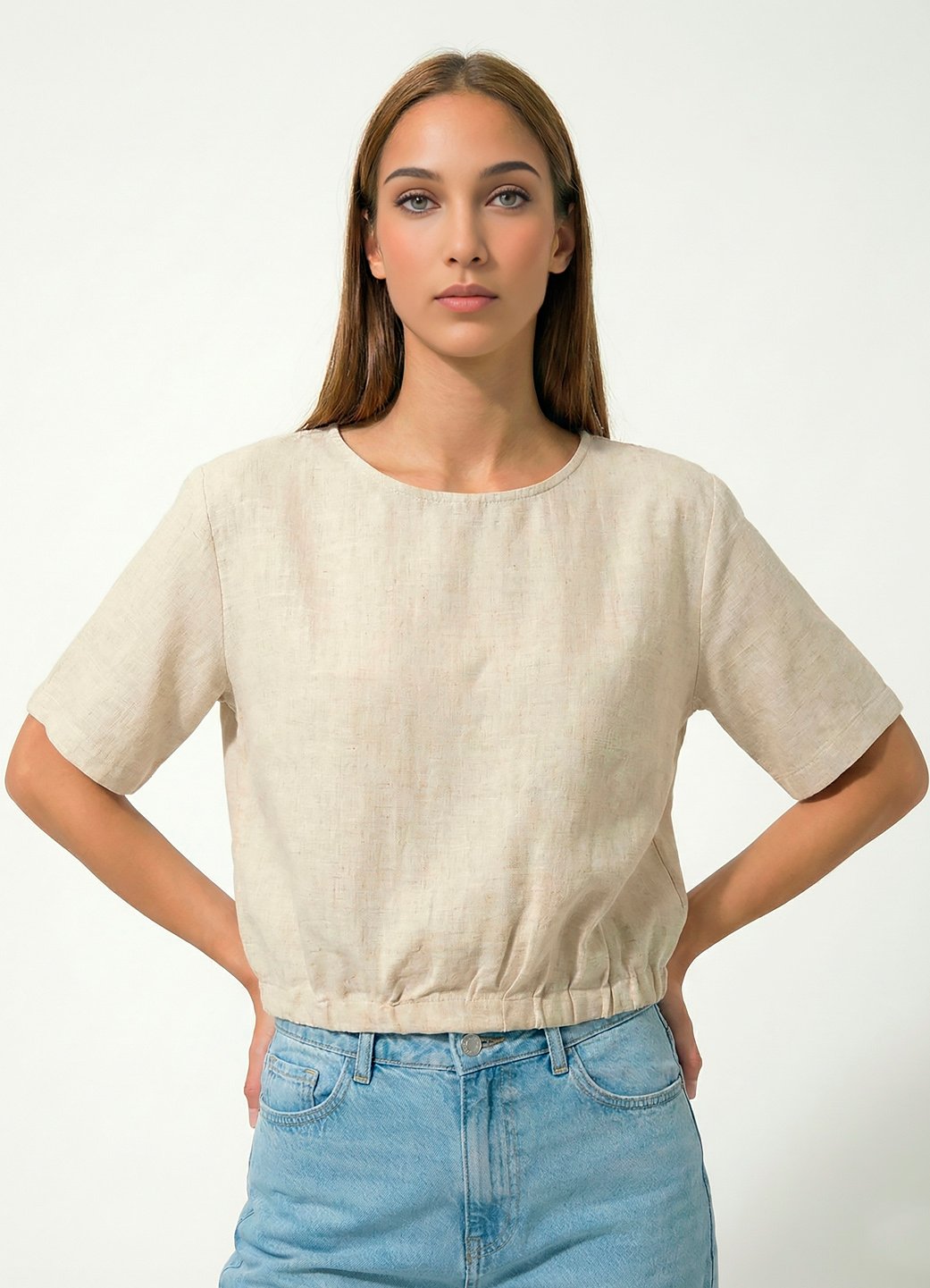 Blusa Bege Decote Canoa Manga Curta Viscose com Linho Sob - Image 5